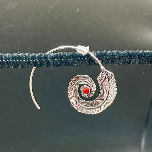 Medium Silver Feather Spiral Earrings in Red or Turquoise Blue #687 - Picture 15 of 15